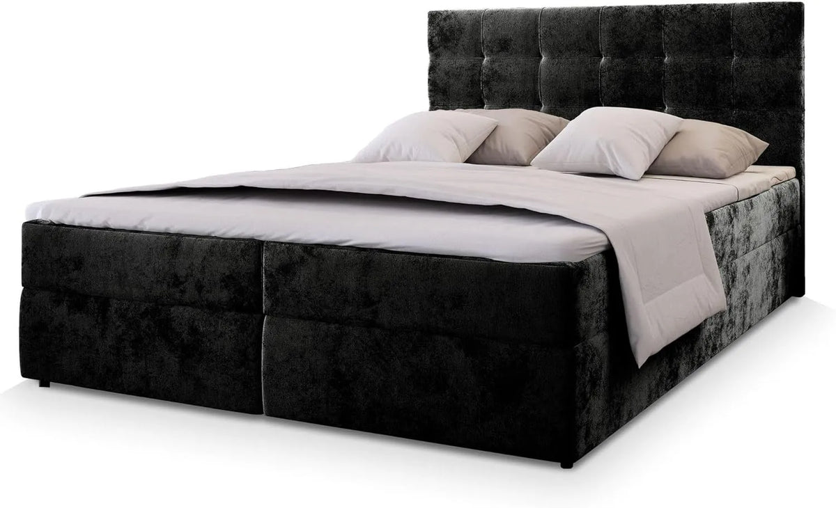 Masseno Łóżko kontynentalne GLOS 140x200 cm – tapicerka materiałowa, 140 × 200 cm, czarny, z pojemnikiem do przechowywania, tapicerka materiałowa