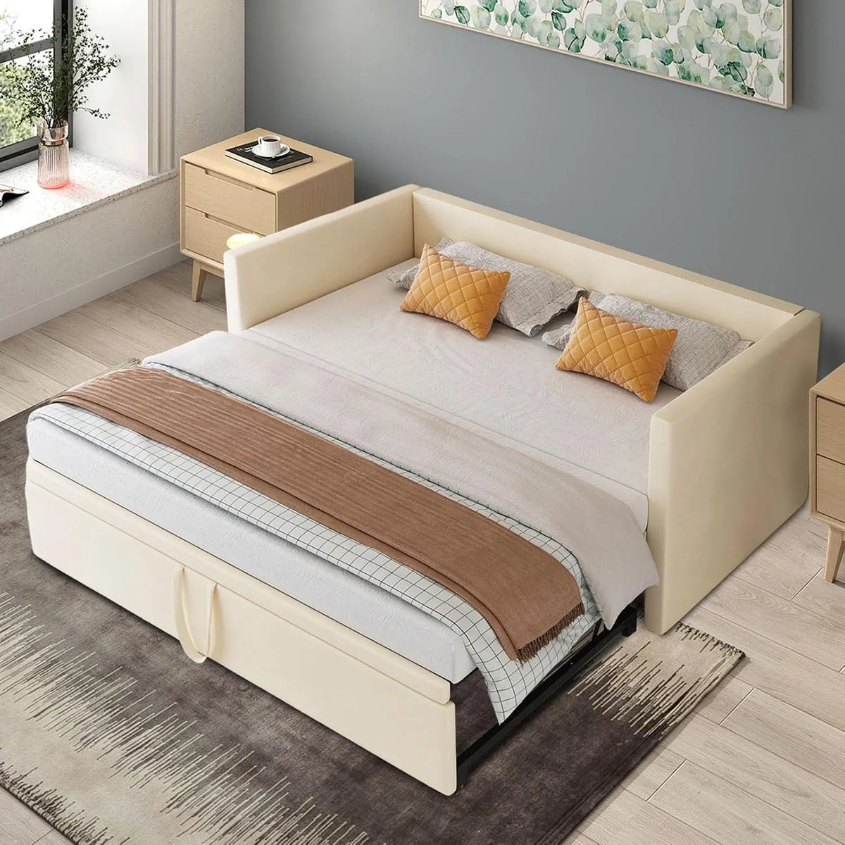 Sofa: z funkcją spania, tapicerka aksamitna, 180 × 200 cm, beżowy, rozkładana konstrukcja, tapicerka materiałowa