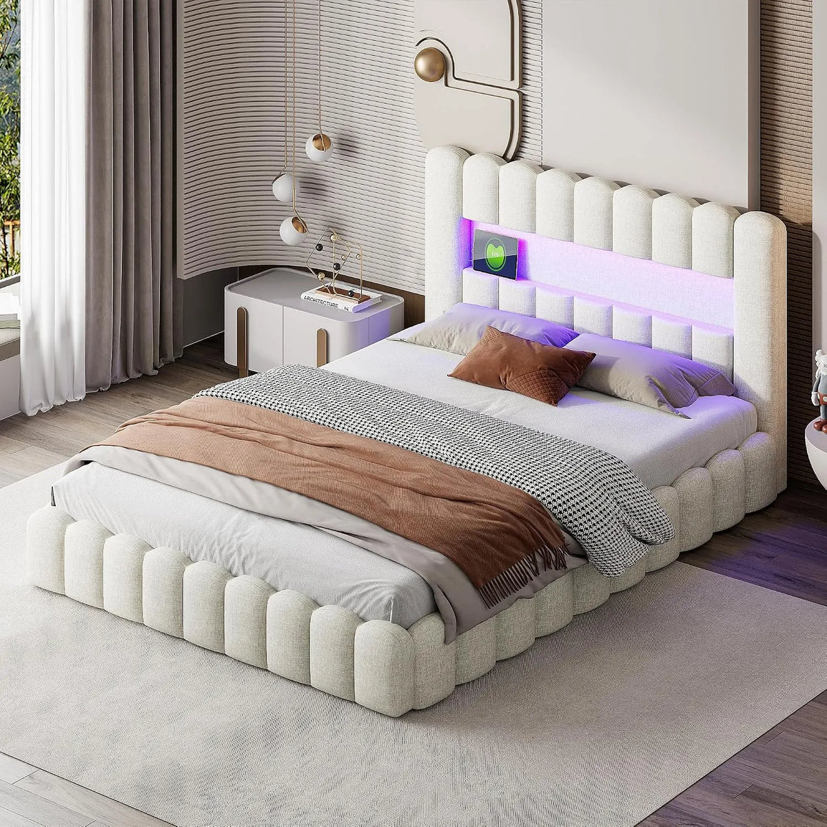Łóżko tapicerowane i rama łóżka z obiciem — z portem USB, wyświetlacz LED, 2-osobowe, 160 × 200 cm, beżowy