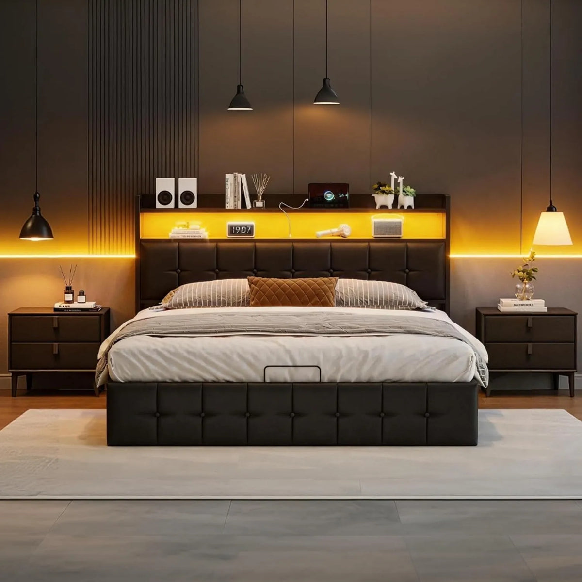Wyściełane łóżko bagażowe 140 x 190 cm — z portem USB, wyświetlacz LED, 140 × 190 cm, czarny, tapicerka materiałowa