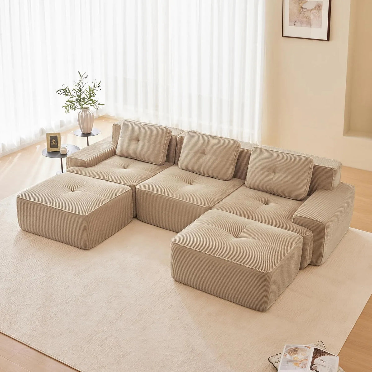 Sofa — modułowa konstrukcja, w kształcie litery U, wypełnienie piankowe, z funkcją spania, 3-osobowa, beżowy