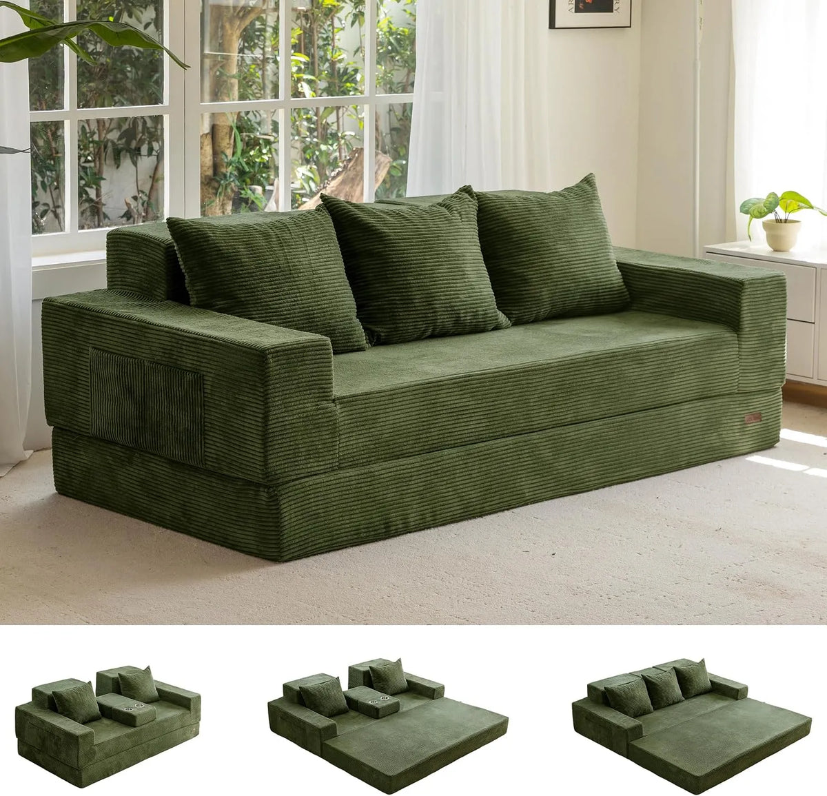 Sofa – ze sztruksu, z poduszkami, składana konstrukcja