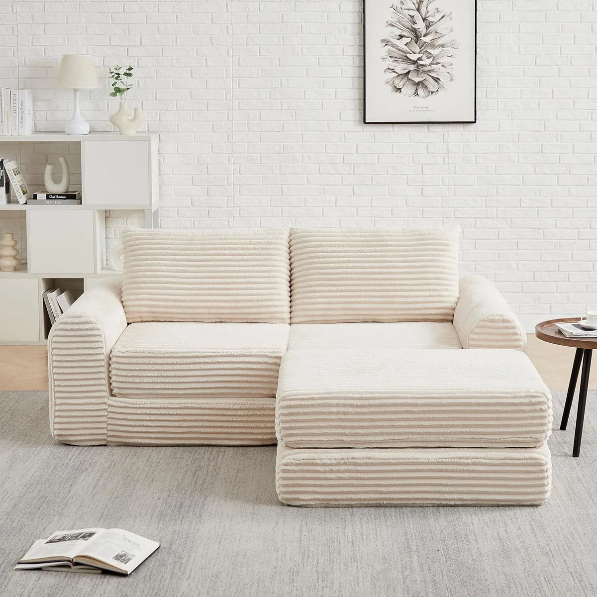 Sofa narożna: modułowa konstrukcja, w kształcie litery L, ze sztruksu, tapicerka materiałowa, 2-osobowa, beżowy, tapicerka materiałowa