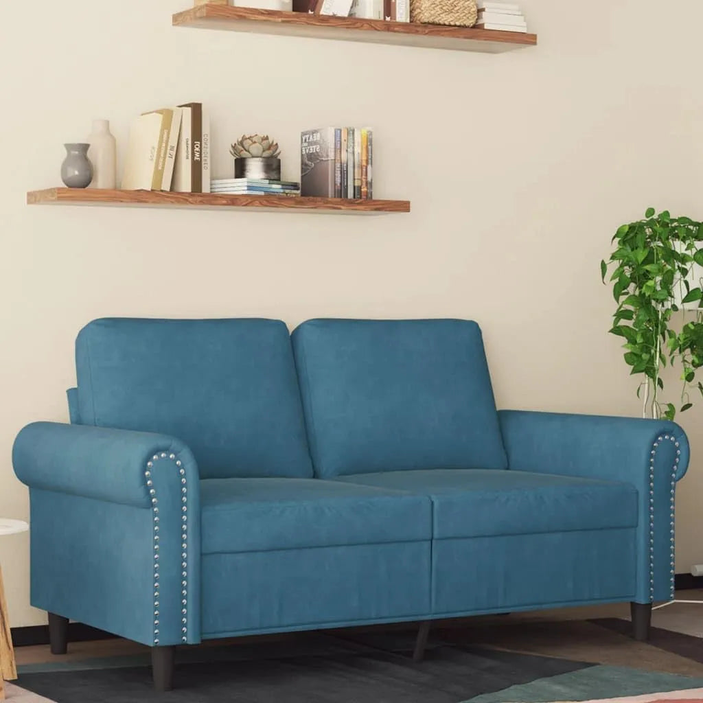 Sofa – tapicerka aksamitna, 2-osobowa, 120 cm, niebieski, z metalu