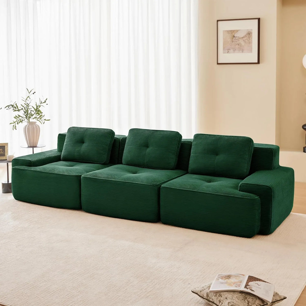 Sofa narożna – Cord, modułowa konstrukcja, głębokie siedzisko, ze sztruksu, 3-osobowa, zielony
