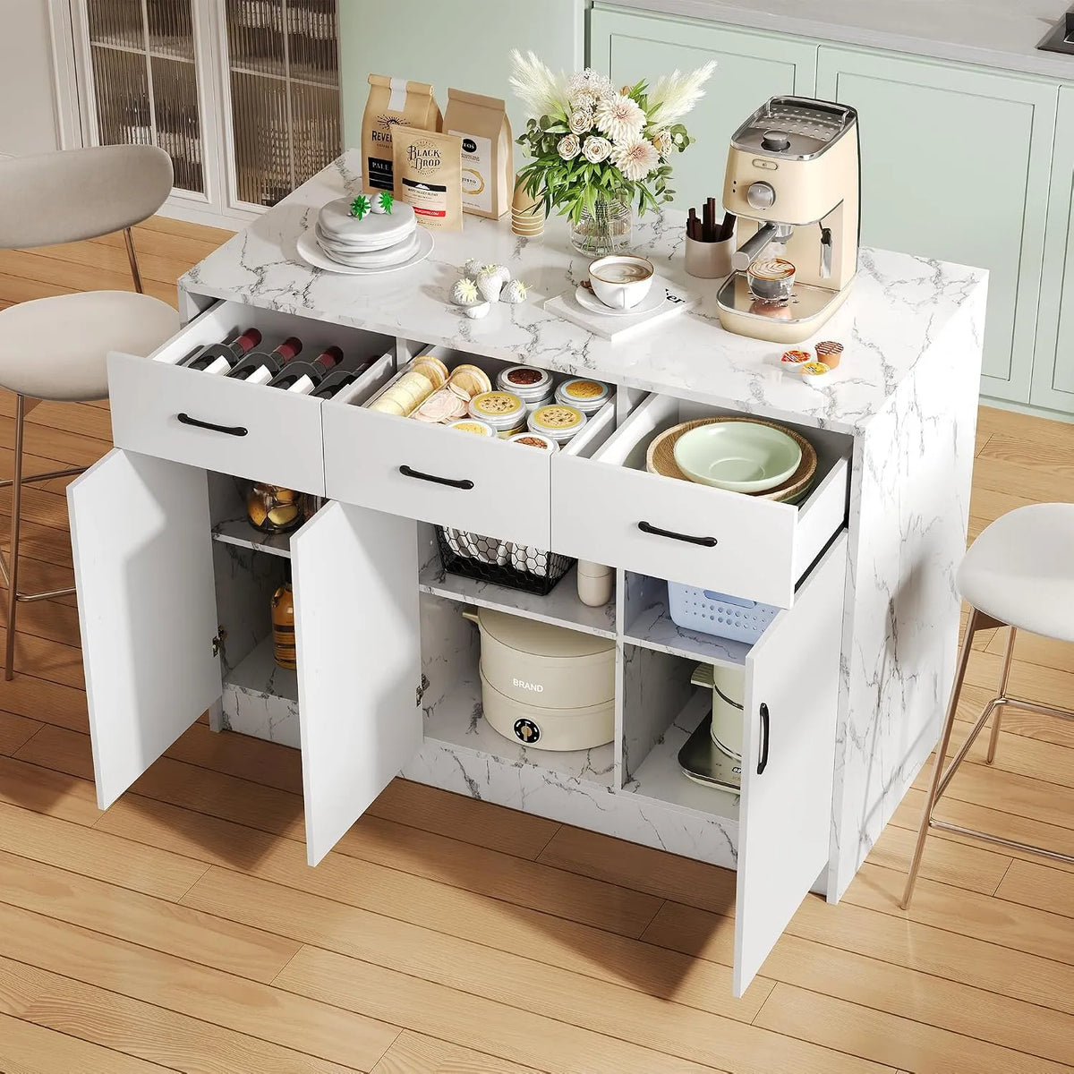 Generisch Duża wyspa kuchenna 120 x 60 x 90: ze schowkiem, z szufladami, z półkami, regulowana konstrukcja, 3 szufladami, 120 × 60 × 90, 5 cm, biały