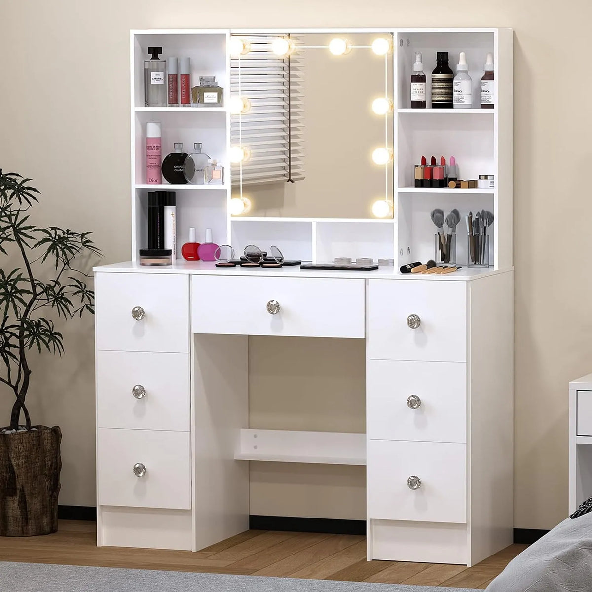 Toaletka i stolik do makijażu do makijażu z przesuwanym lustrem – J81819, z szufladami, 7 szufladami, 40 × 100 × 140 cm, 6 p, biały