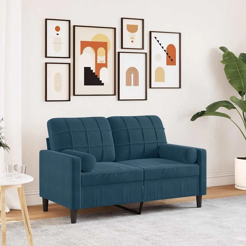 Sofa – z poduszkami, tapicerka aksamitna, 2-osobowa, 120 cm, niebieski, z metalu, tapicerka materiałowa