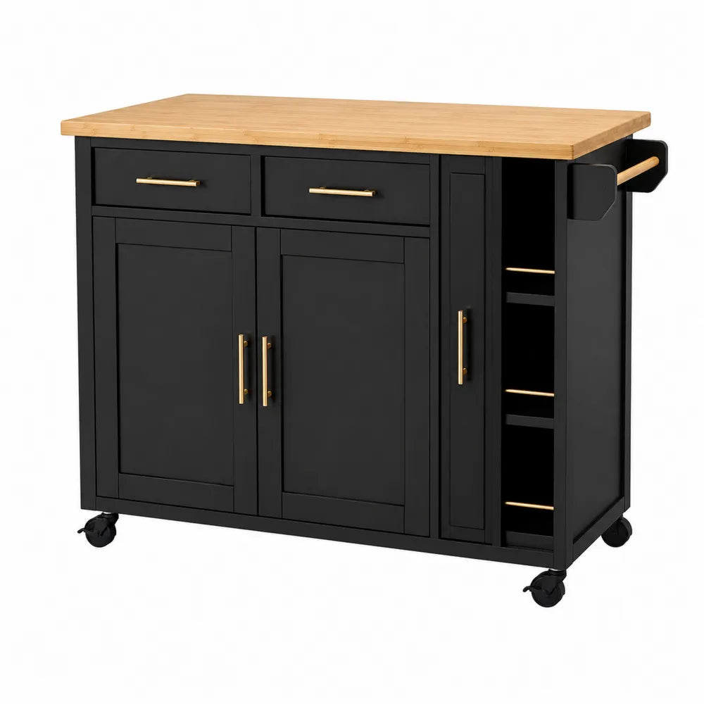 Wózek kuchenny z czarnego MDF z blatem bambusowym 120x48x85 cm