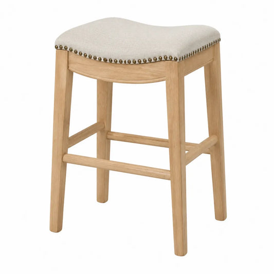 Stołek barowy drewniany z tapicerką lnianą beżowy 65cm