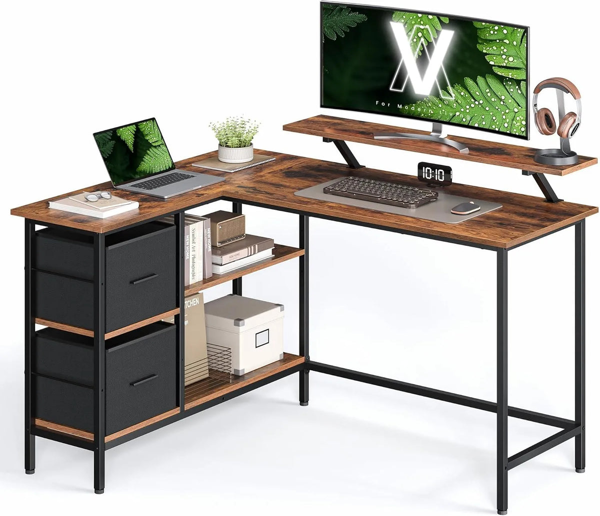 VASAGLE LWD098B01 Biurko i stół komputerowy – w kształcie litery L, z szufladami, z biurkiem, gamingowy, 135 × 105 cm, regulowana konstrukcja