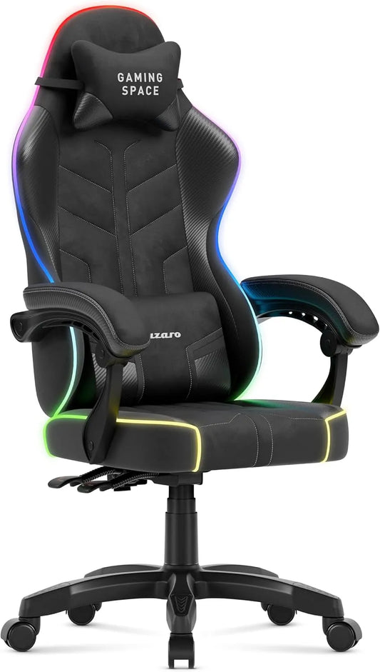 Krzesło biurowe: RGB, z podłokietnikami, z poduszkami, gamingowy, oświetlenie RGB, 140 kg, czarny