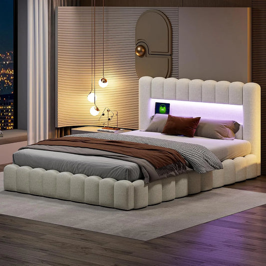 Łóżko tapicerowane i rama łóżka z obiciem — z portem USB, wyświetlacz LED, 140 × 200 cm, beżowy, z pojemnikiem do przechowywania