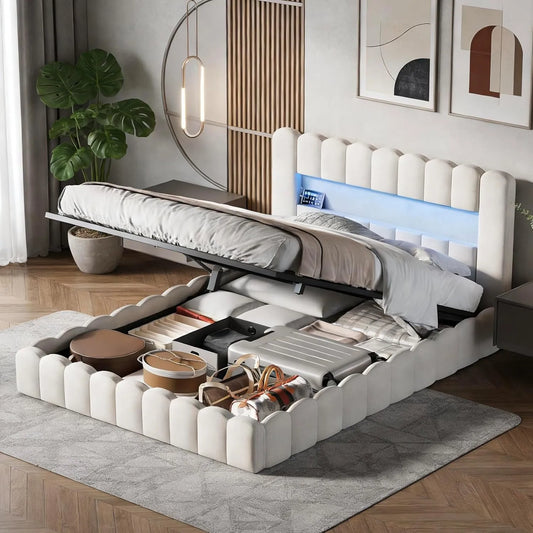 Łóżko tapicerowane i rama łóżka z obiciem: wyświetlacz LED, 160 × 200 cm, tapicerka materiałowa