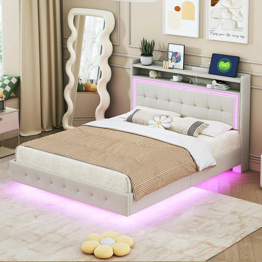 Łóżko tapicerowane i rama łóżka z obiciem — tapicerka materiałowa, z portem USB, wyświetlacz LED, 140 × 200, 140 × 200 cm, beżowy