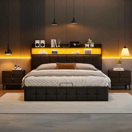 Wyściełane łóżko bagażowe 140 x 190 cm — z portem USB, wyświetlacz LED, 140 × 190 cm, czarny, tapicerka materiałowa