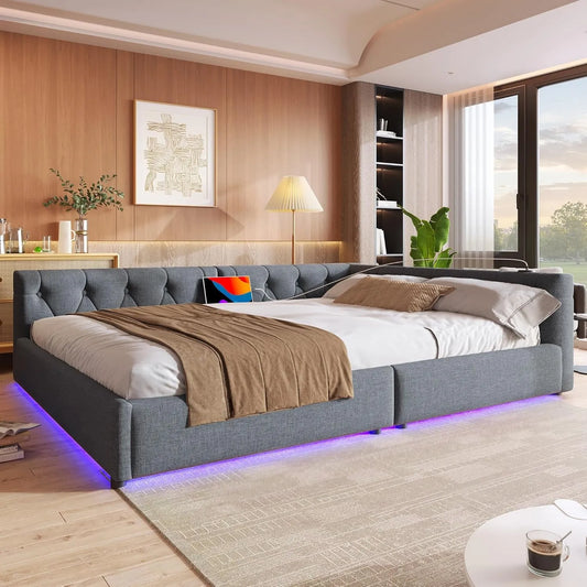 Sofa — z funkcją spania, z portem USB, wyświetlacz LED, 140 × 200 cm, szary, tapicerka materiałowa