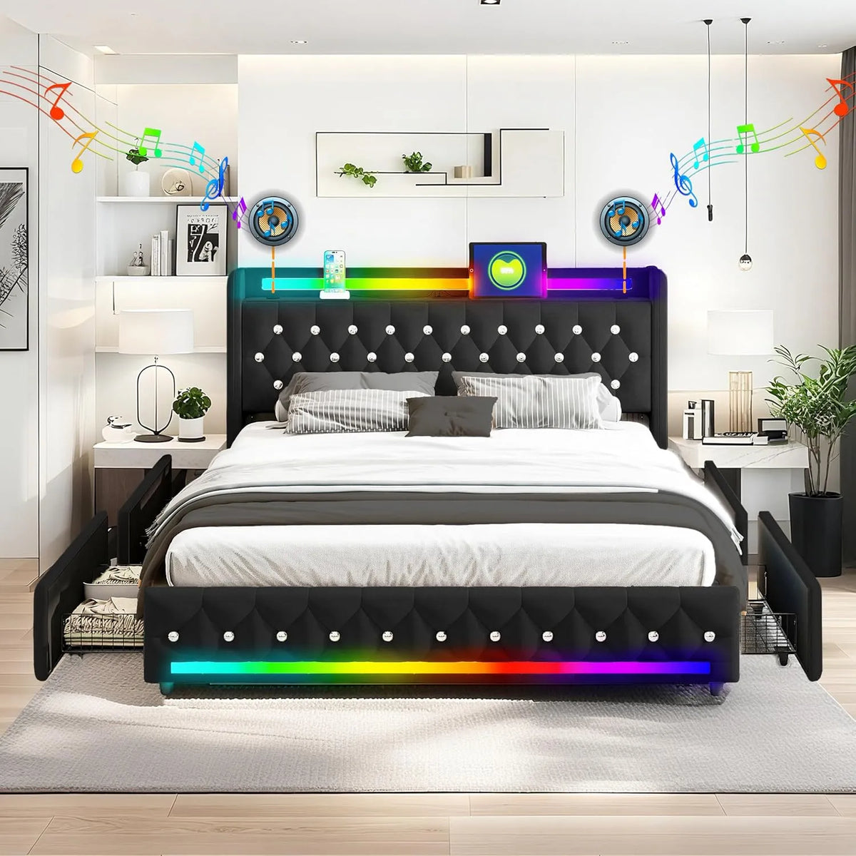 Głośnik — z drewna, z portem USB, tapicerka aksamitna, łączność Bluetooth, 140 × 200 cm, czarny, z oświetleniem LED, tapicerka materiałowa