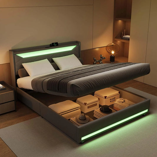 Łóżko tapicerowane i rama łóżka z obiciem – z portem USB, wyświetlacz LED, 140 × 200 cm, tapicerka materiałowa