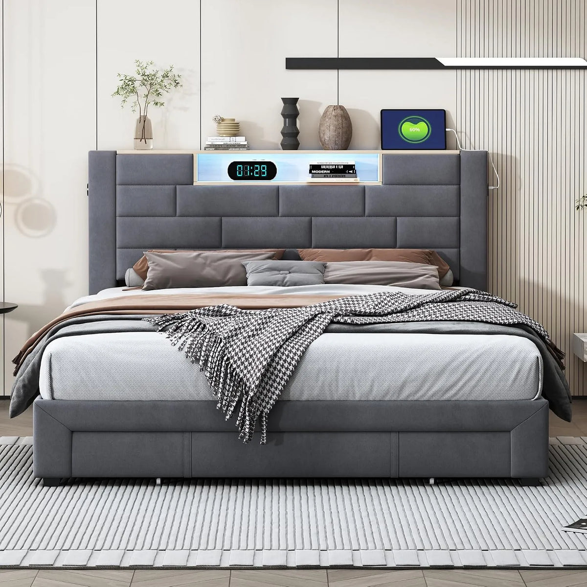 Łóżko 140 x 200 cm ze stelażem — z szufladami, z portem USB, tapicerka aksamitna, wyświetlacz LED, 2-osobowe, 3 szufladami, 140 × 200 cm