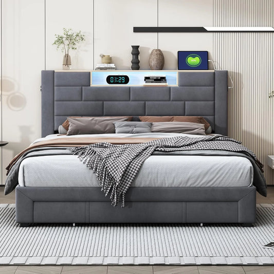 Łóżko 140 x 200 cm ze stelażem — z szufladami, z portem USB, tapicerka aksamitna, wyświetlacz LED, 2-osobowe, 3 szufladami, 140 × 200 cm