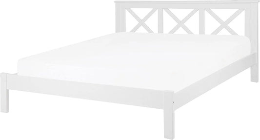 Drewniane białe łóżko podwójne rama ze stelażem 160 x 200 — z drewna, 160 × 200 cm, biały