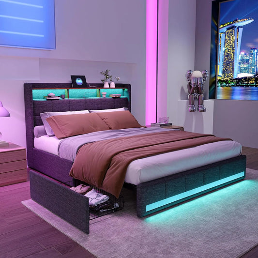 Podwójne łóżko z 4 szufladami — z szufladami, z portem USB, wyświetlacz LED, 140 × 190 cm, szary, tapicerka materiałowa