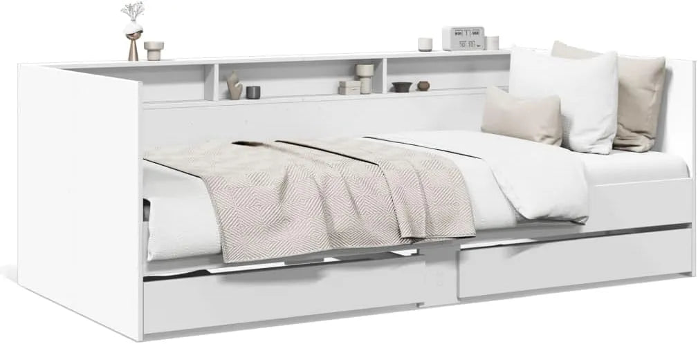 Łóżko dzienne i łóżko dla gości oszczędzające miejsce z miejscem do przechowywania — z drewna, z szufladami, z oparciem, 2 szuflady, 75 × 190 cm