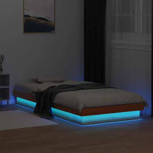 łóżko z litego drewna z oświetleniem LED: z drewna, wyświetlacz LED, 90 × 200 cm