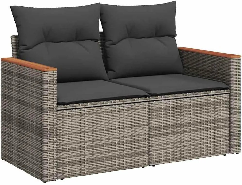 Sofa ogrodowa i sofa wypoczynkowa na taras: z poduszkami, z technorattanu, 2-osobowa, szary