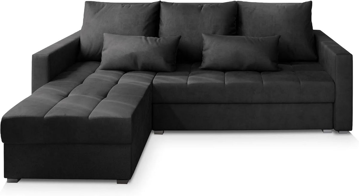 Sofa narożna – KOS, z funkcją spania, czarny, z pojemnikiem do przechowywania, rozkładana konstrukcja