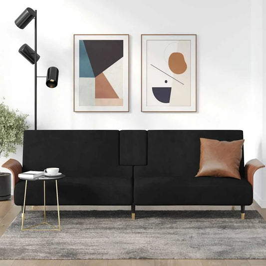 Sofa — z funkcją spania, z oparciem, z portem USB, tapicerka aksamitna, 224 × 89 × 70 cm, czarny, regulowana konstrukcja