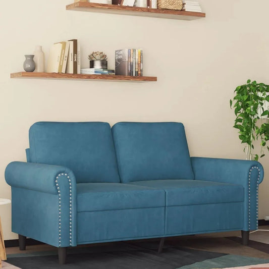 Sofa – tapicerka aksamitna, 2-osobowa, 120 cm, niebieski, z metalu