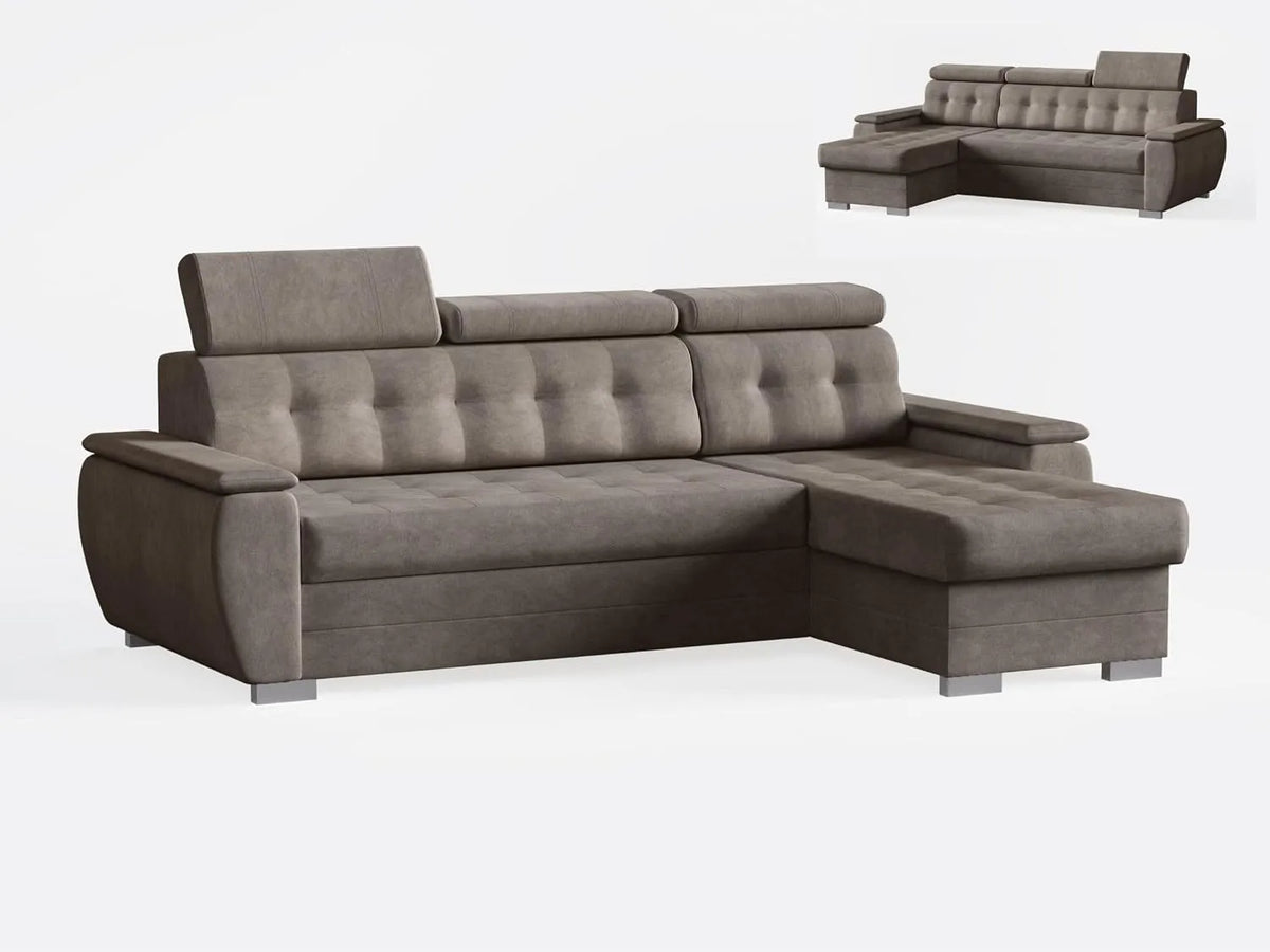 Sofa narożna – w kształcie litery L, tapicerka materiałowa, 240 × 165 × 87 cm, brązowy, rozkładana konstrukcja, tapicerka materiałowa
