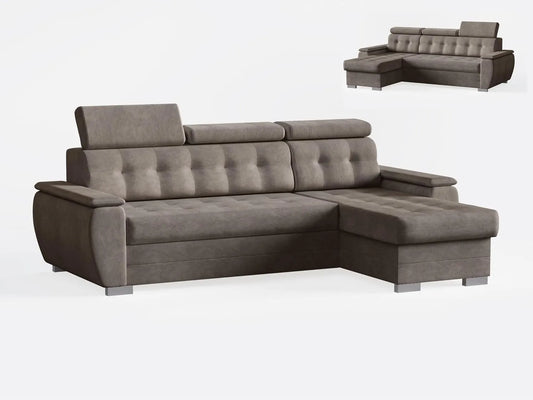 Sofa narożna – w kształcie litery L, tapicerka materiałowa, 240 × 165 × 87 cm, brązowy, rozkładana konstrukcja, tapicerka materiałowa