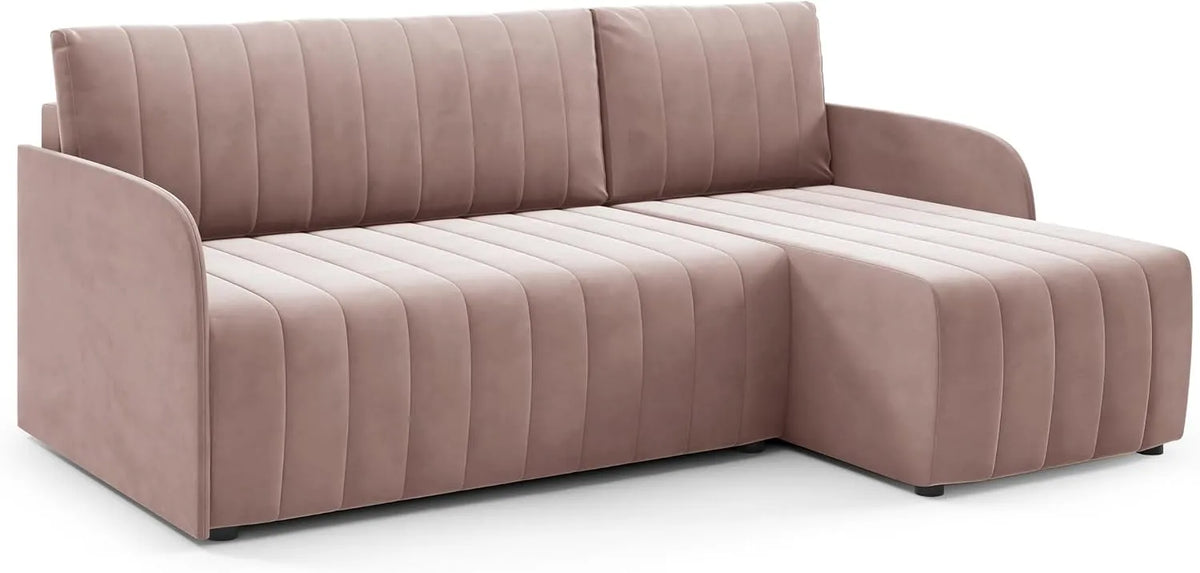 Sofa narożna — SLIM, tapicerka materiałowa, z funkcją spania, 200 × 140 cm, 208 cm, różowy, z pojemnikiem do przechowywania, rozkładana konstrukcja