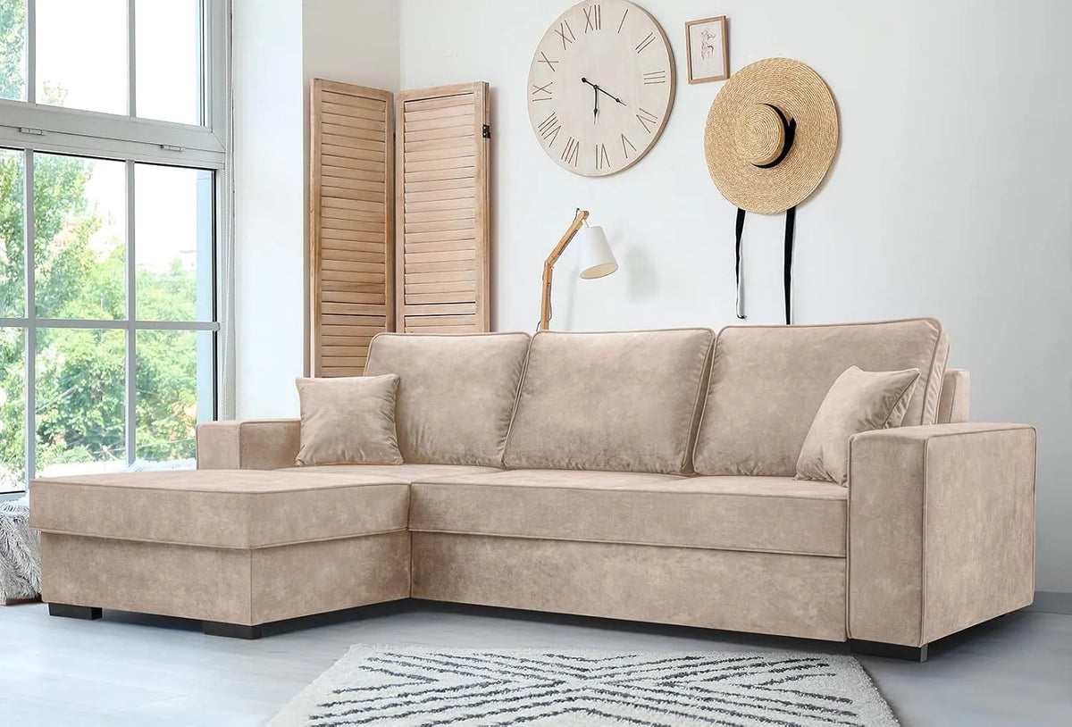 Sofa narożna — LUPI, w kształcie litery L, z funkcją spania, 265 × 165