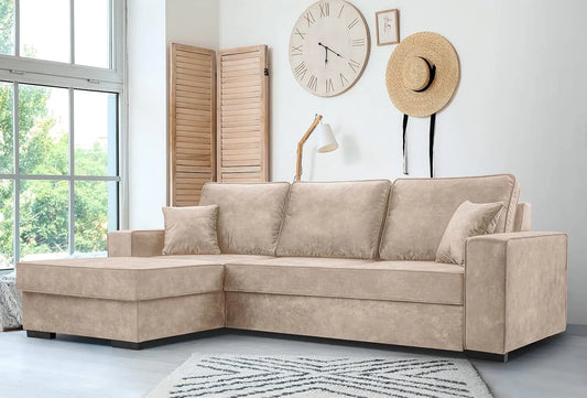 Sofa narożna — LUPI, w kształcie litery L, z funkcją spania, 265 × 165