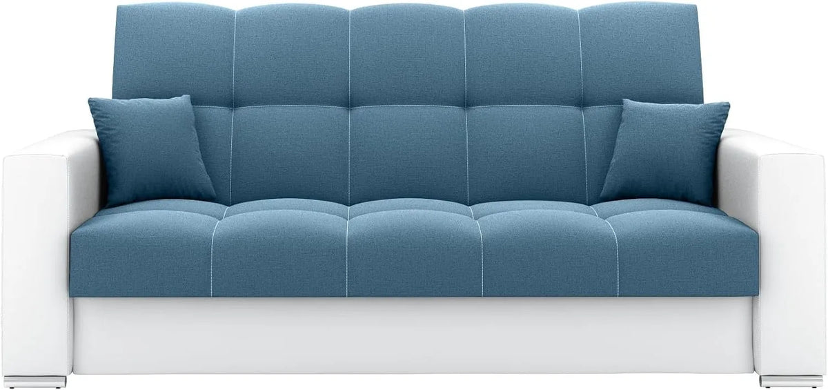 Sofa – EVITA, tapicerka materiałowa, z funkcją spania, z poduszkami, 220 × 91 × 85 cm, biały, z pojemnikiem do przechowywania, rozkładana konstrukcja