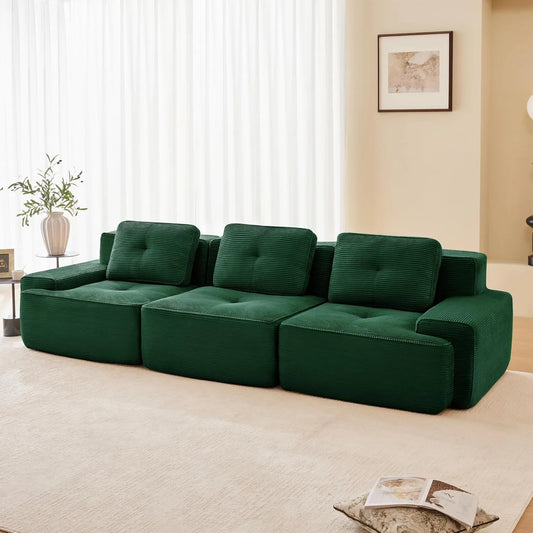 Sofa narożna – Cord, modułowa konstrukcja, głębokie siedzisko, ze sztruksu, 3-osobowa, zielony