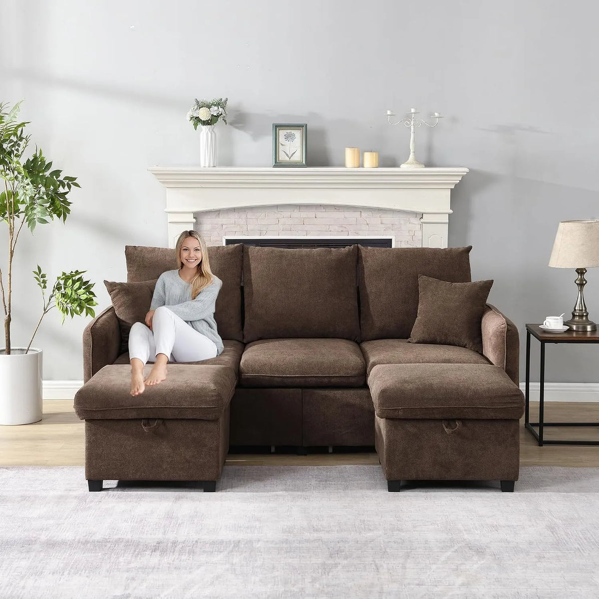 Sofa narożna: modułowa konstrukcja, w kształcie litery U, z szufladami, 3-osobowa, rozkładana konstrukcja