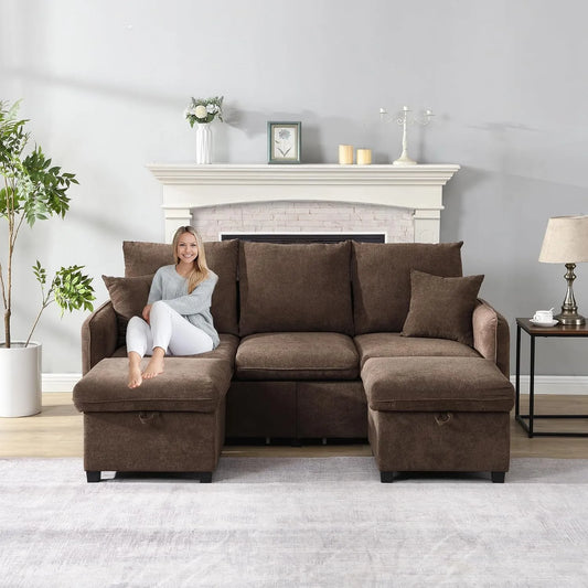 Sofa narożna: modułowa konstrukcja, w kształcie litery U, z szufladami, 3-osobowa, rozkładana konstrukcja