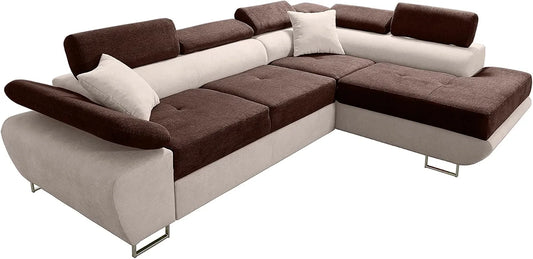 Sofa narożna: w kształcie litery L, wolnostojący, z funkcją spania, z poduszkami, regulowana konstrukcja