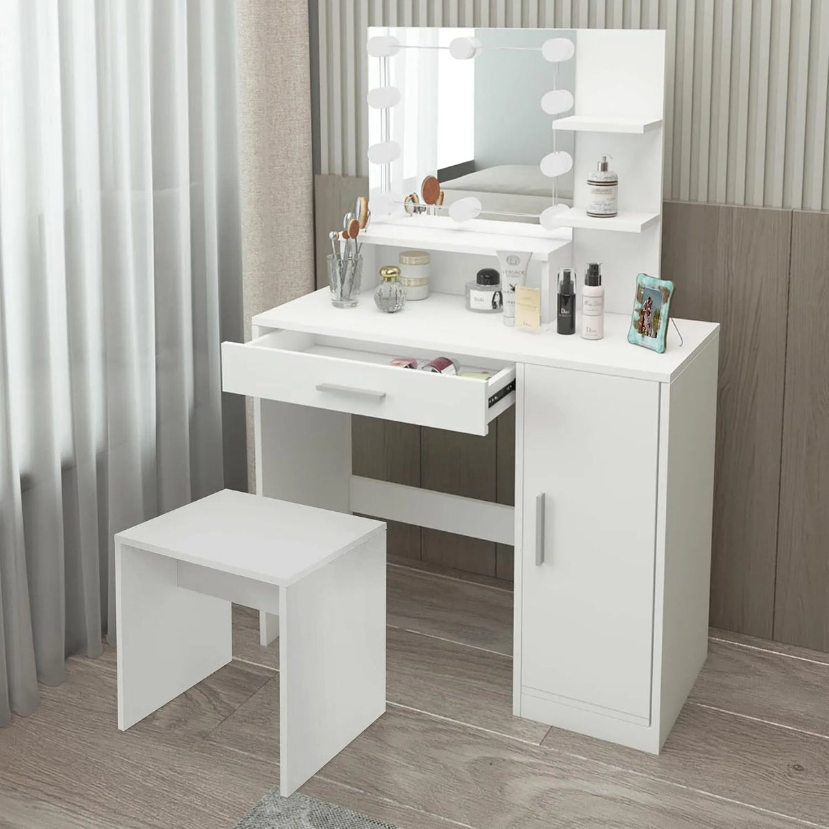 Design Toaletka i stolik do makijażu biała ze stołkiem – MDF, z drewna, z szufladami, wyświetlacz LED, 90 × 38 × 137 cm, biały