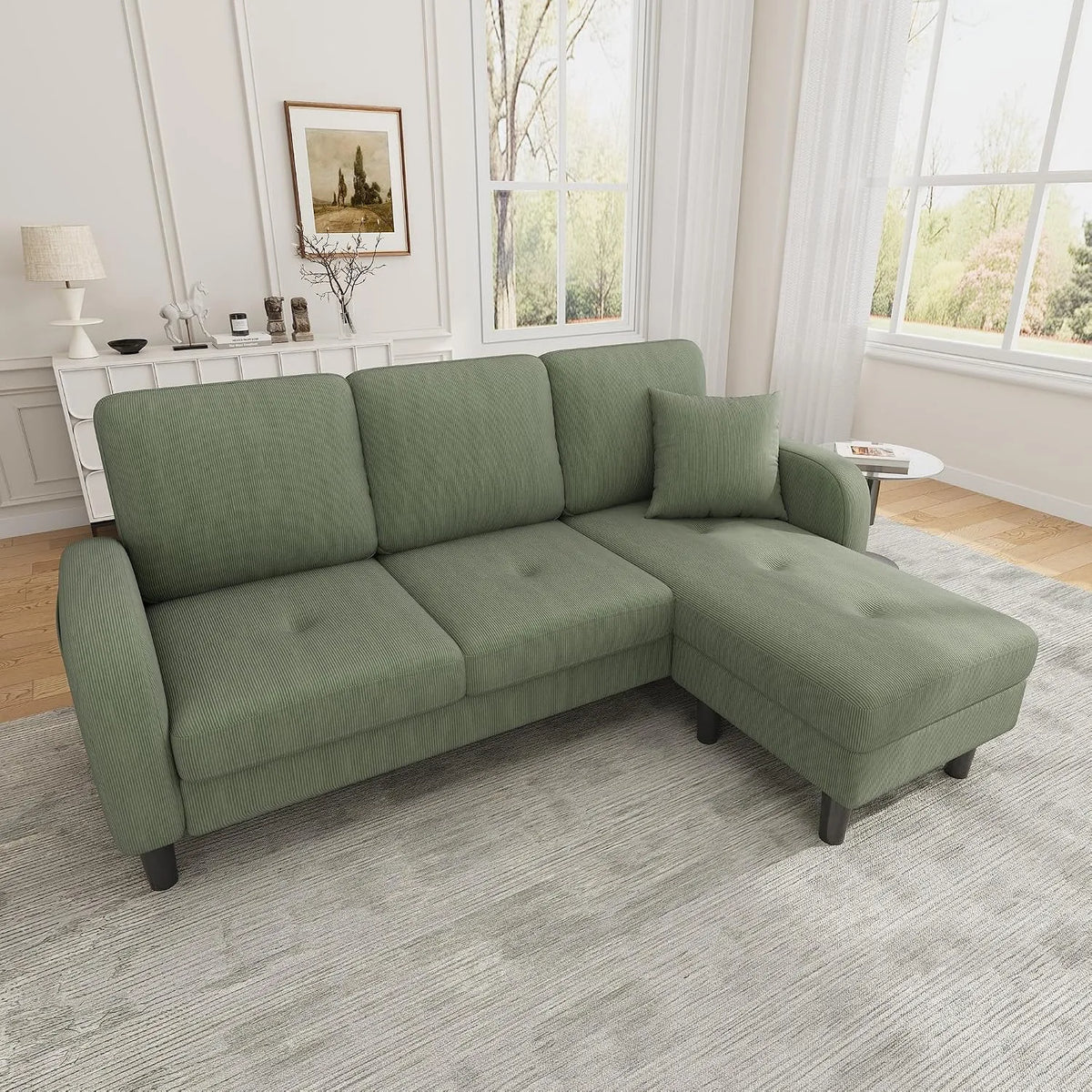 Sofa narożna – modułowa konstrukcja, w kształcie litery L, ze sztruksu, 3-osobowa, 166 × 118 × 77 cm