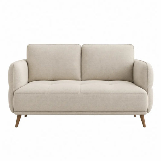 Beżowa sofa dwuosobowa z tkaniny poliestrowej i drewnianymi nogami 150 cm
