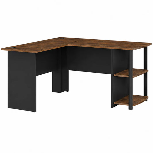 Biurko narożne L-kształt z półkami MDF i stali czarno-brązowe 140x130x75 cm