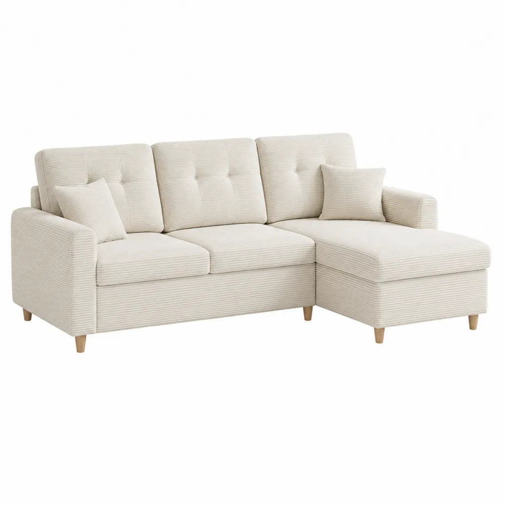 Sofa modułowa z szezlongiem beżowa tkanina sztruks
