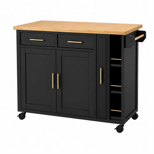 Wózek kuchenny z czarnego MDF z blatem bambusowym 120x48x85 cm